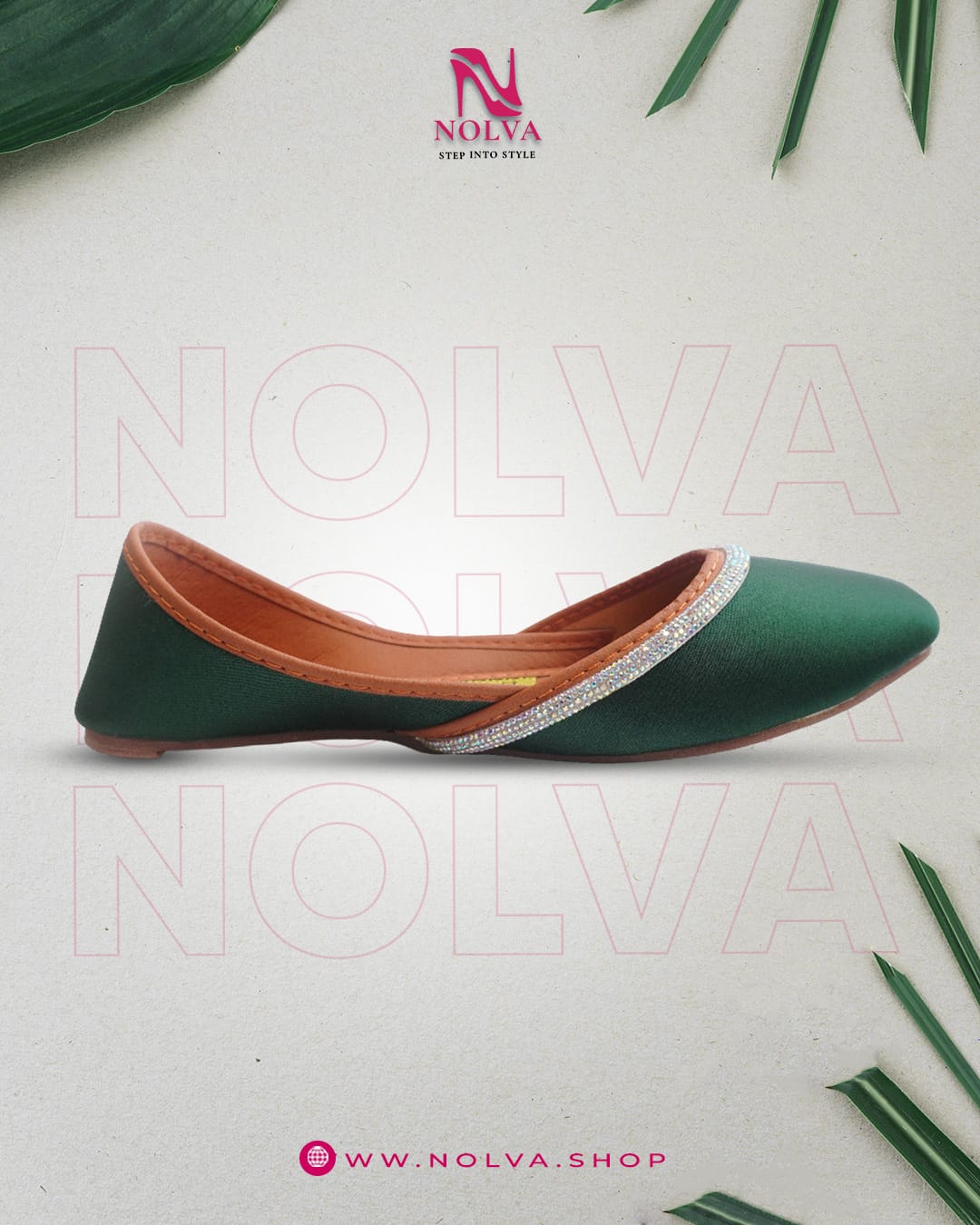Women’s green designer flat shoes with shimmering strap detail – stylish ethnic and casual footwear