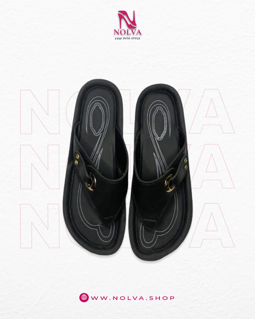 Women’s black slip-on sandals with metallic ring design – comfortable daily wear footwear.