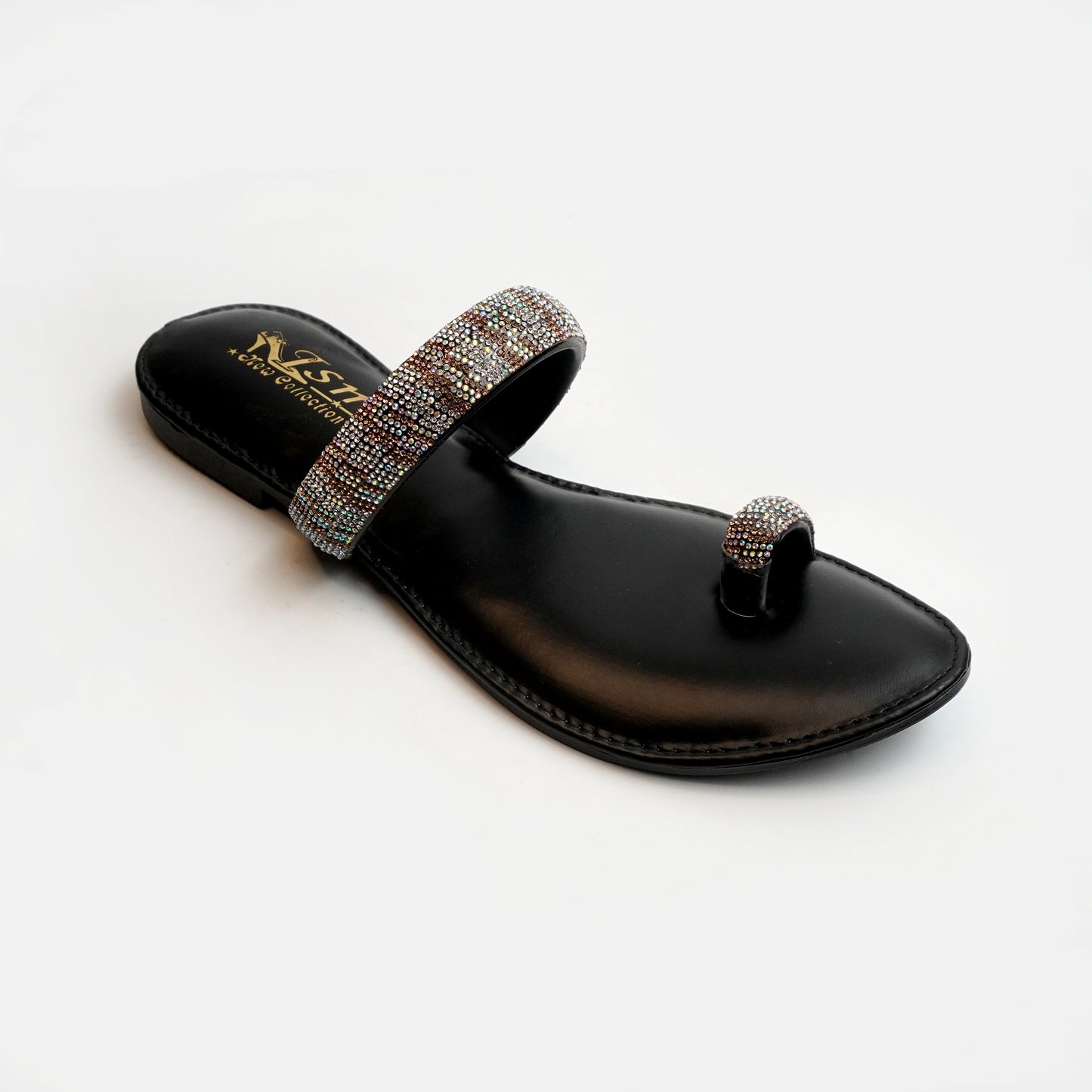 Nolva Crystal Glow tan sandals with crystal-studded straps for women – stylish flat footwear for casual and party wear
