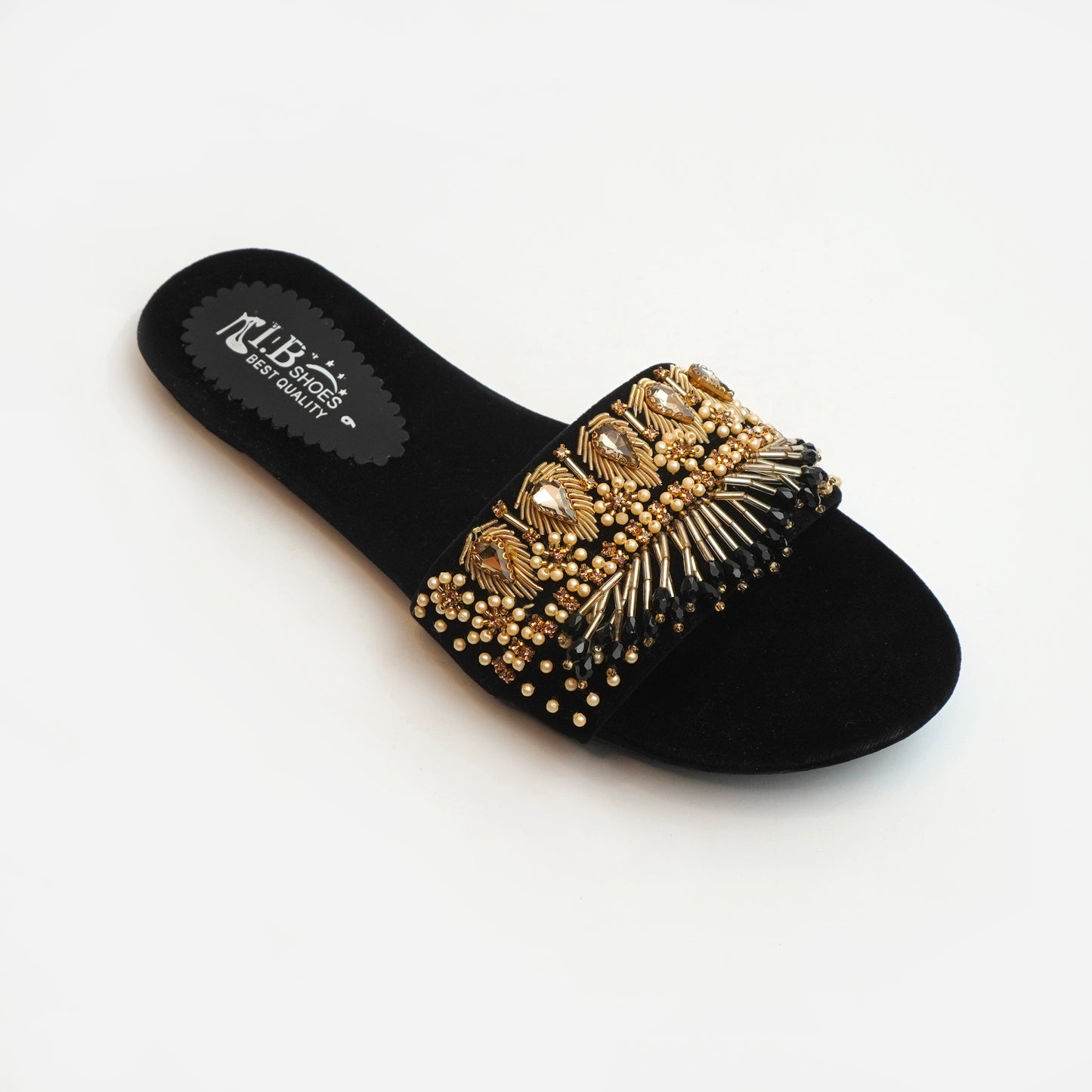 Nolva Velvet Shine black velvet sandals with golden and black bead embellishments – luxury flat footwear for women’s party and festive wear