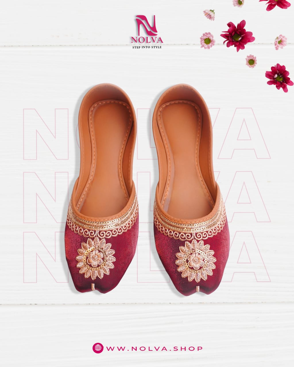 Nolva Velvet Blossom Khussa – Handmade Maroon Velvet Khussa Shoes with Golden Floral Embroidery for Women