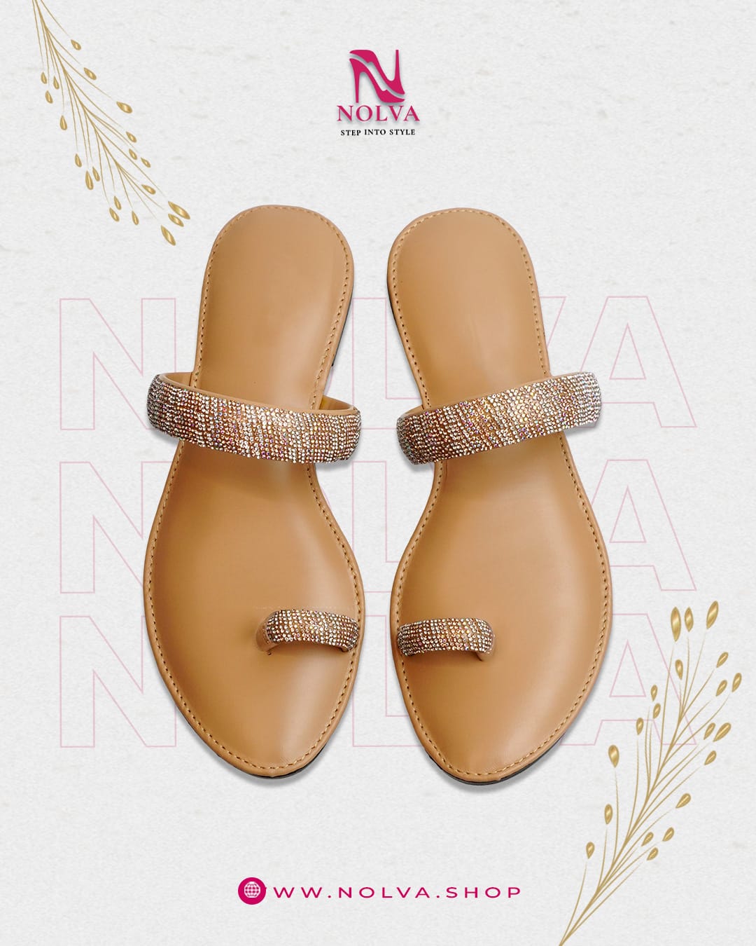 Nolva Crystal Glow tan sandals with crystal-studded straps for women – stylish flat footwear for casual and party wear