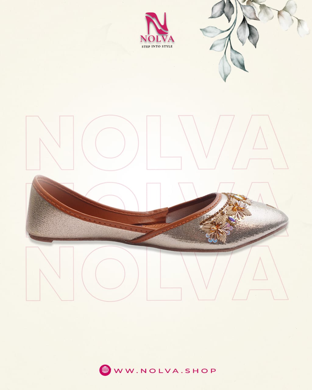 Nolva Golden Embroidered Khussa – Handmade Women’s Traditional Khussa Shoes with Floral Detailing