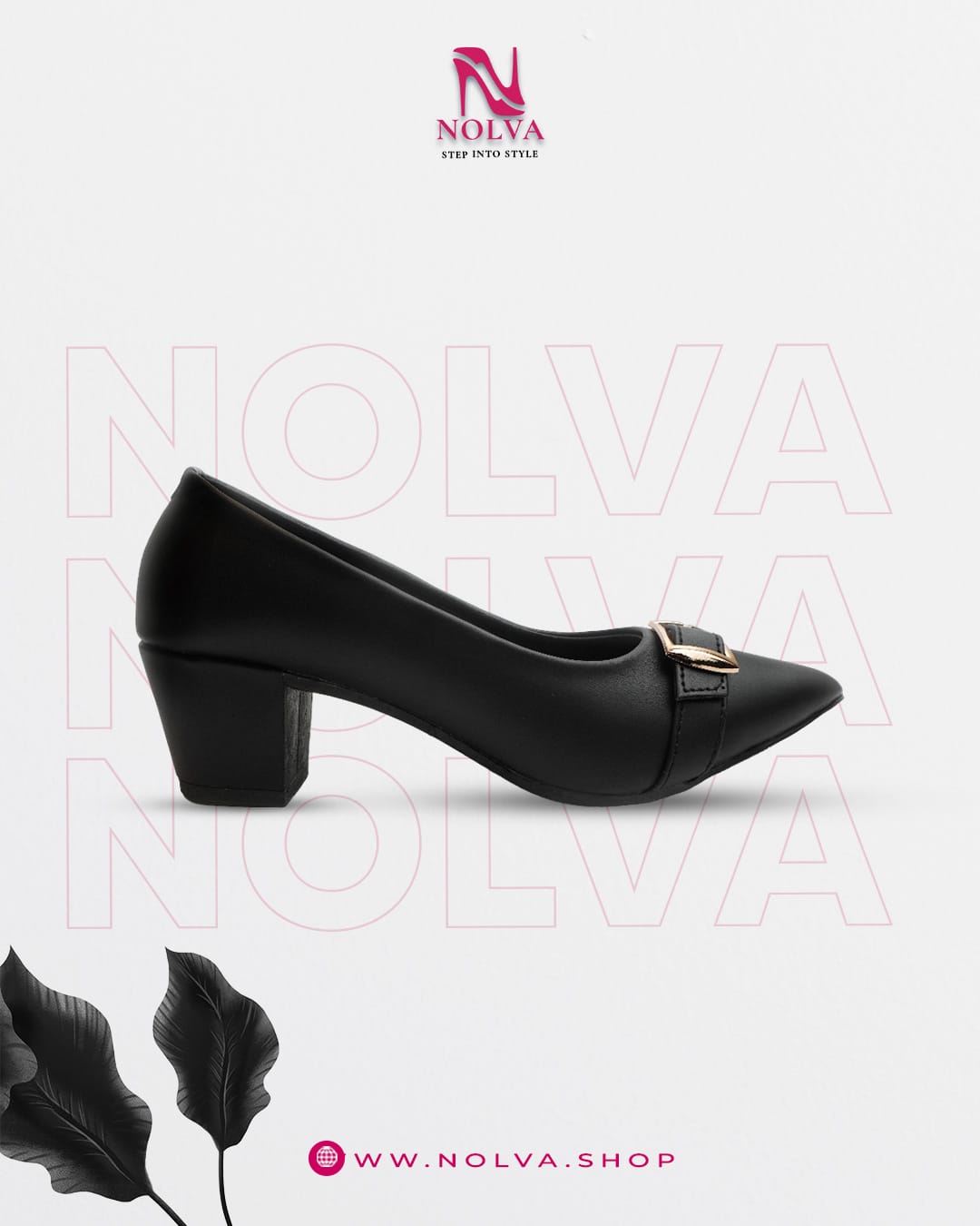 Women’s black block heel shoes with pointed toe and gold buckle – stylish office and formal wear footwear.