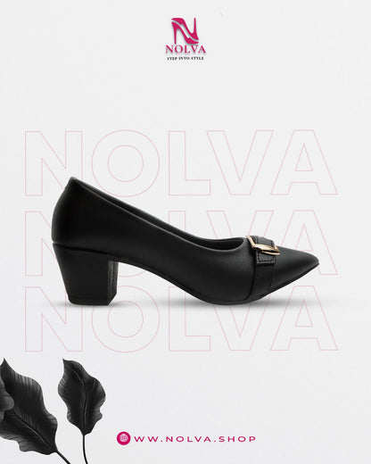 Women’s black block heel shoes with pointed toe and gold buckle – stylish office and formal wear footwear.