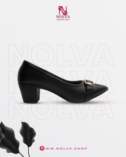 Women’s black block heel shoes with pointed toe and gold buckle – stylish office and formal wear footwear.