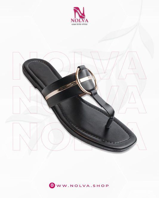 Black ladies sandals with golden buckle – Stylish casual flat sandals for women online Pakistan Nolva