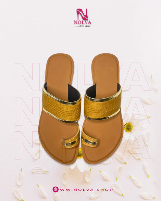 Golden Kolhapuri flat sandals for women – Stylish ladies Kolhapuri chappal Pakistan by Nolva