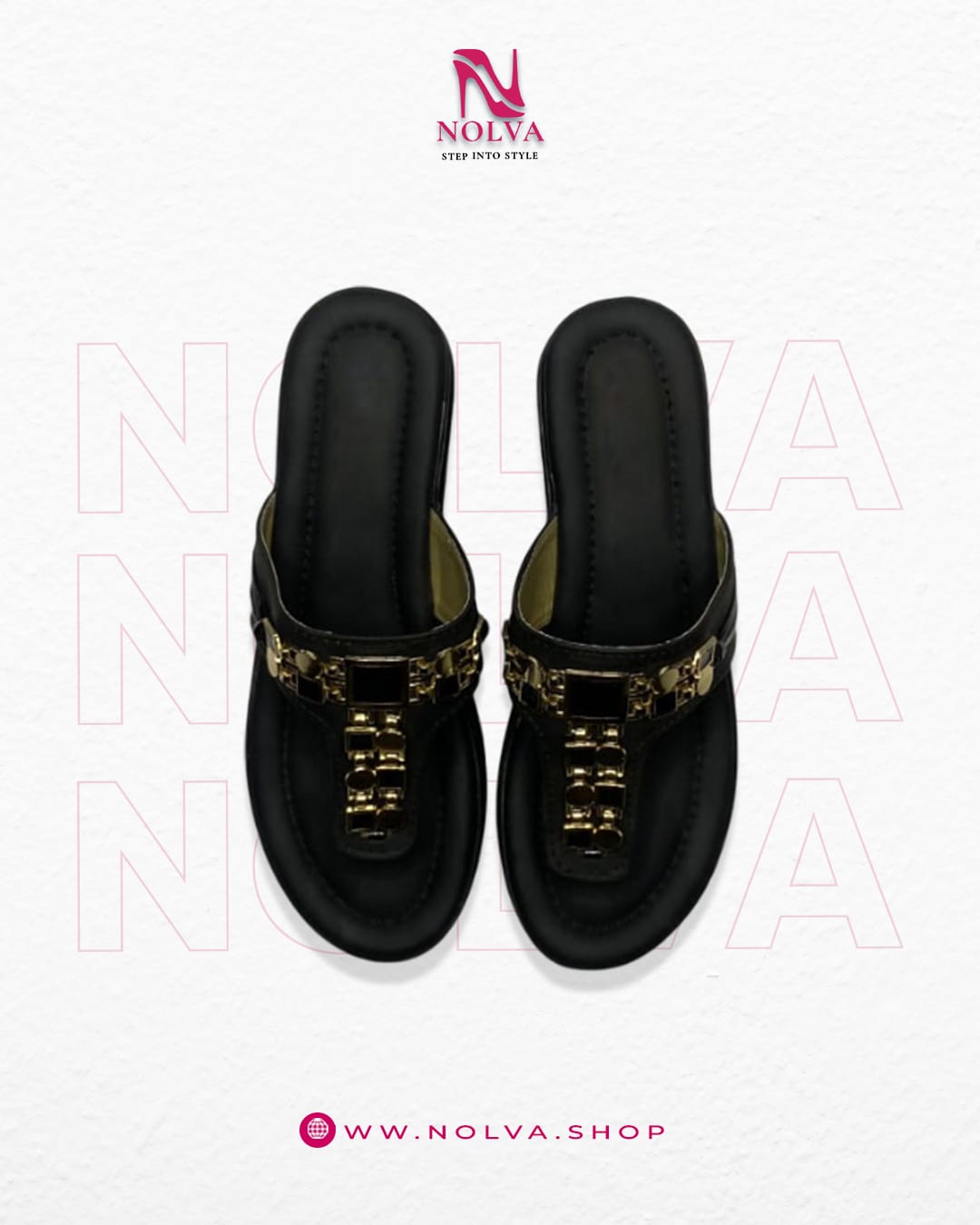Women’s black sandals with golden embellished strap – stylish festive and party footwear.