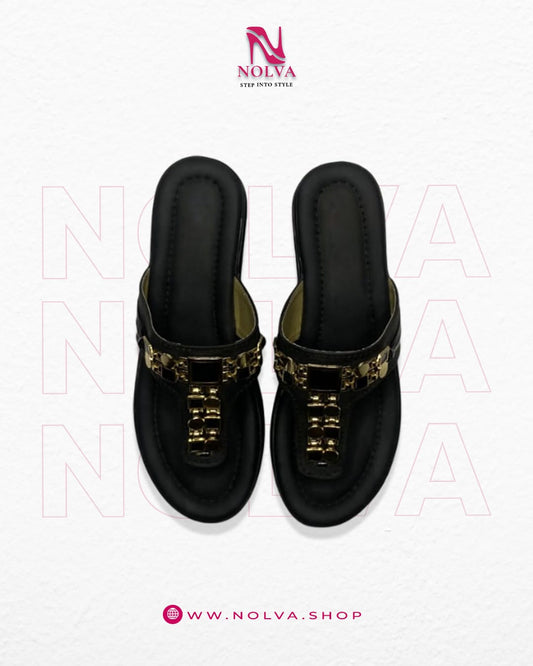 Women’s black sandals with golden embellished strap – stylish festive and party footwear.