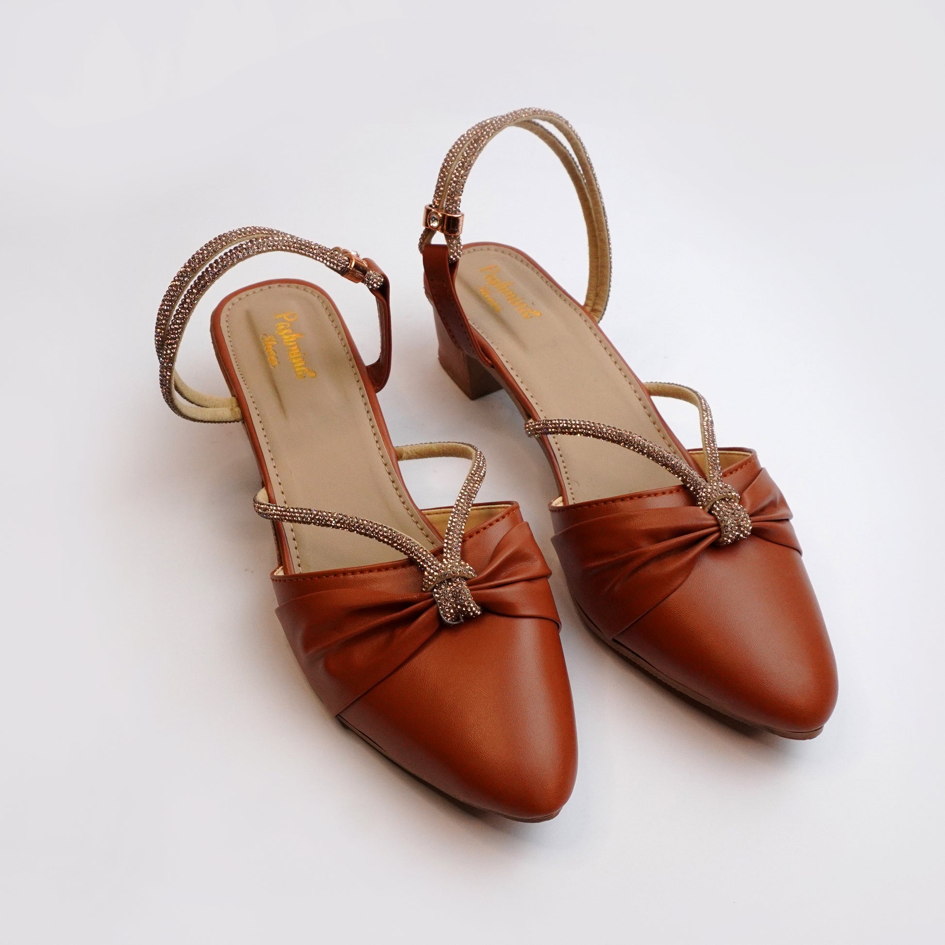 Women’s brown strappy sandals with embellished straps and knot front – stylish casual and party wear footwear