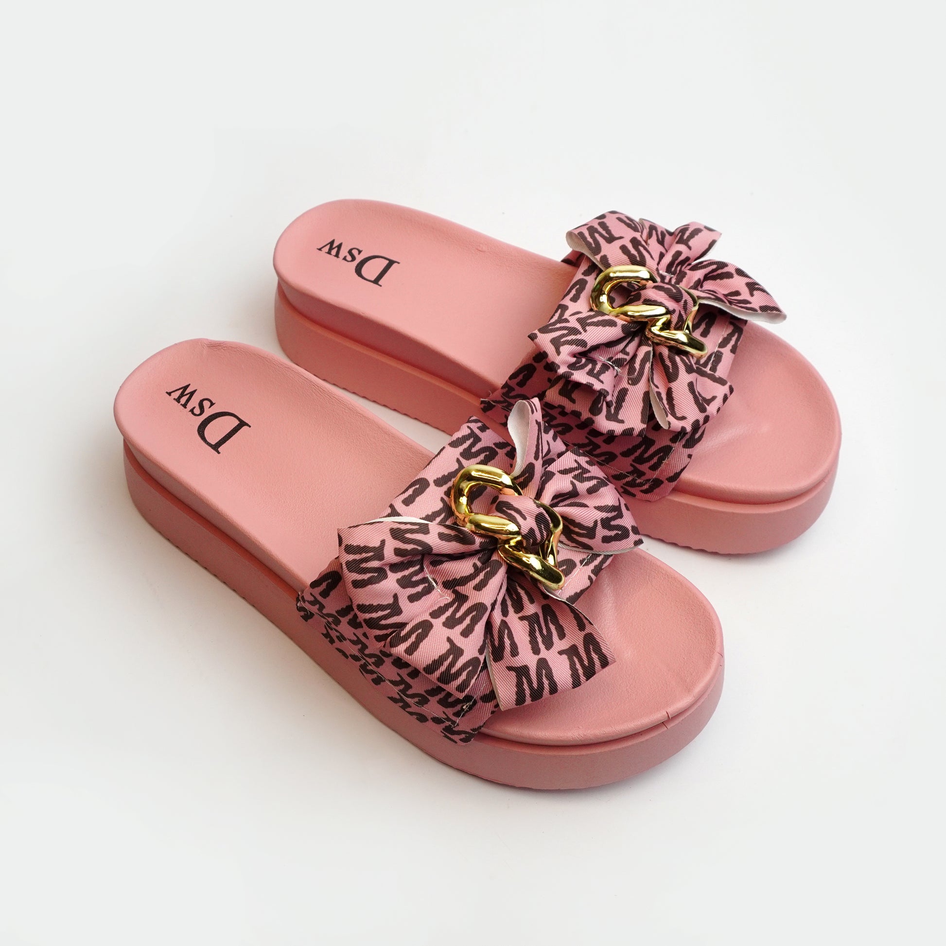 Nolva women’s Pink slide sandal with oversized printed bow and gold chain buckle—cushioned flat for casual wear.