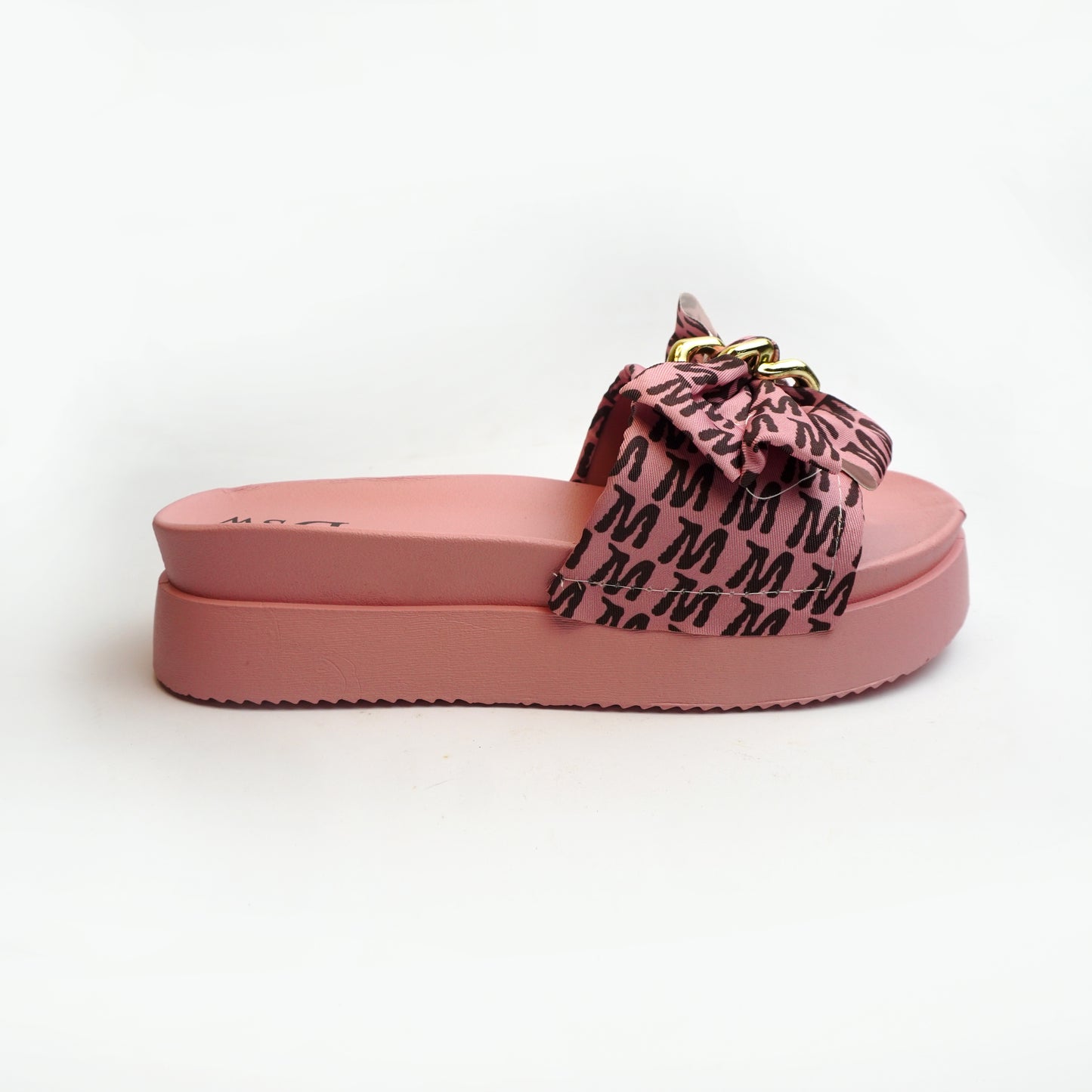 Nolva women’s Pink slide sandal with oversized printed bow and gold chain buckle—cushioned flat for casual wear.