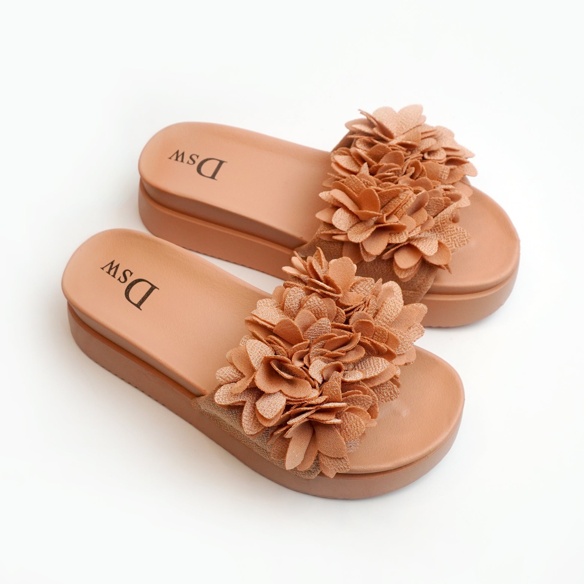 Nolva women’s Brown floral slide sandals with 3D petal strap and cushioned footbed—lightweight summer flats.