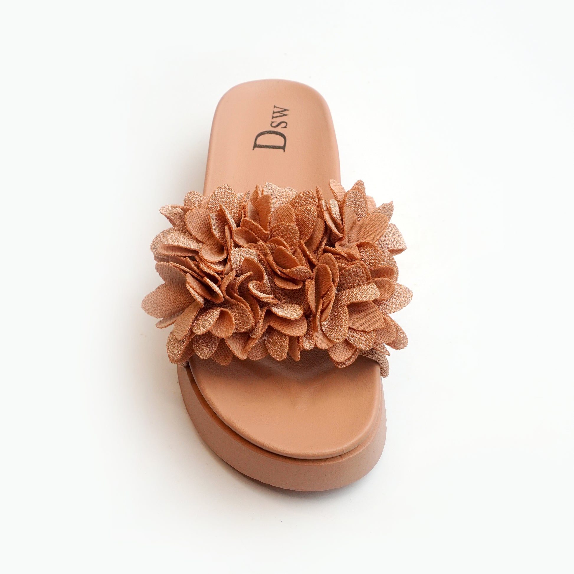 Nolva women’s Brown floral slide sandals with 3D petal strap and cushioned footbed—lightweight summer flats.