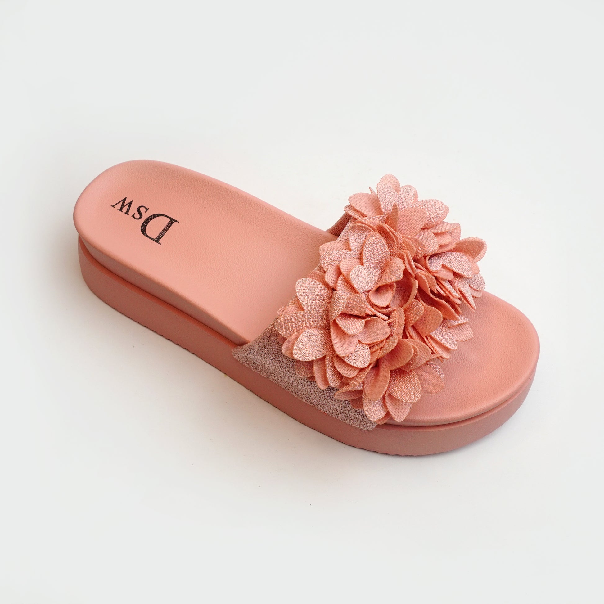 Nolva women’s peach floral slide sandals with 3D petal strap and cushioned footbed—lightweight summer flats.