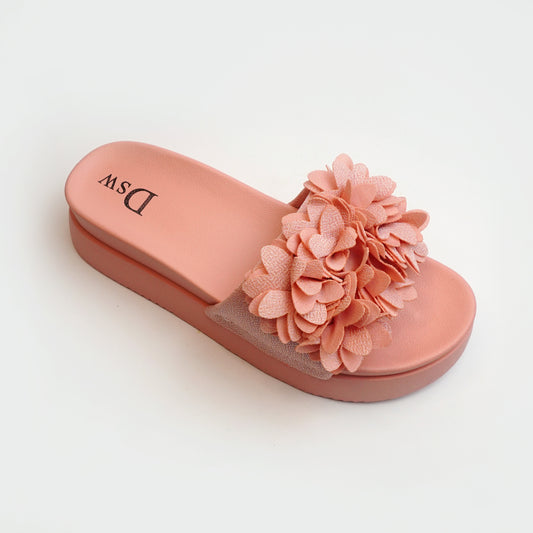 Nolva women’s peach floral slide sandals with 3D petal strap and cushioned footbed—lightweight summer flats.