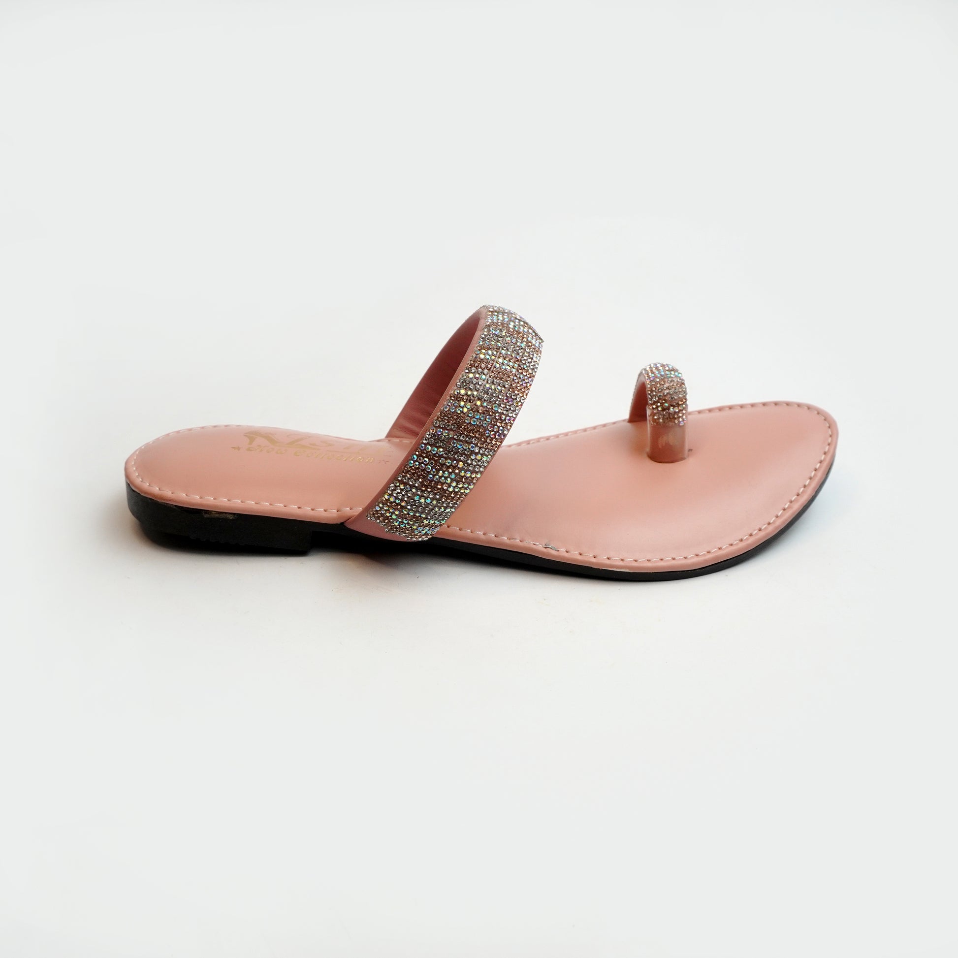Nolva Crystal Glow tan sandals with crystal-studded straps for women – stylish flat footwear for casual and party wear