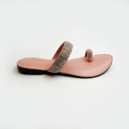 Nolva Crystal Glow tan sandals with crystal-studded straps for women – stylish flat footwear for casual and party wear