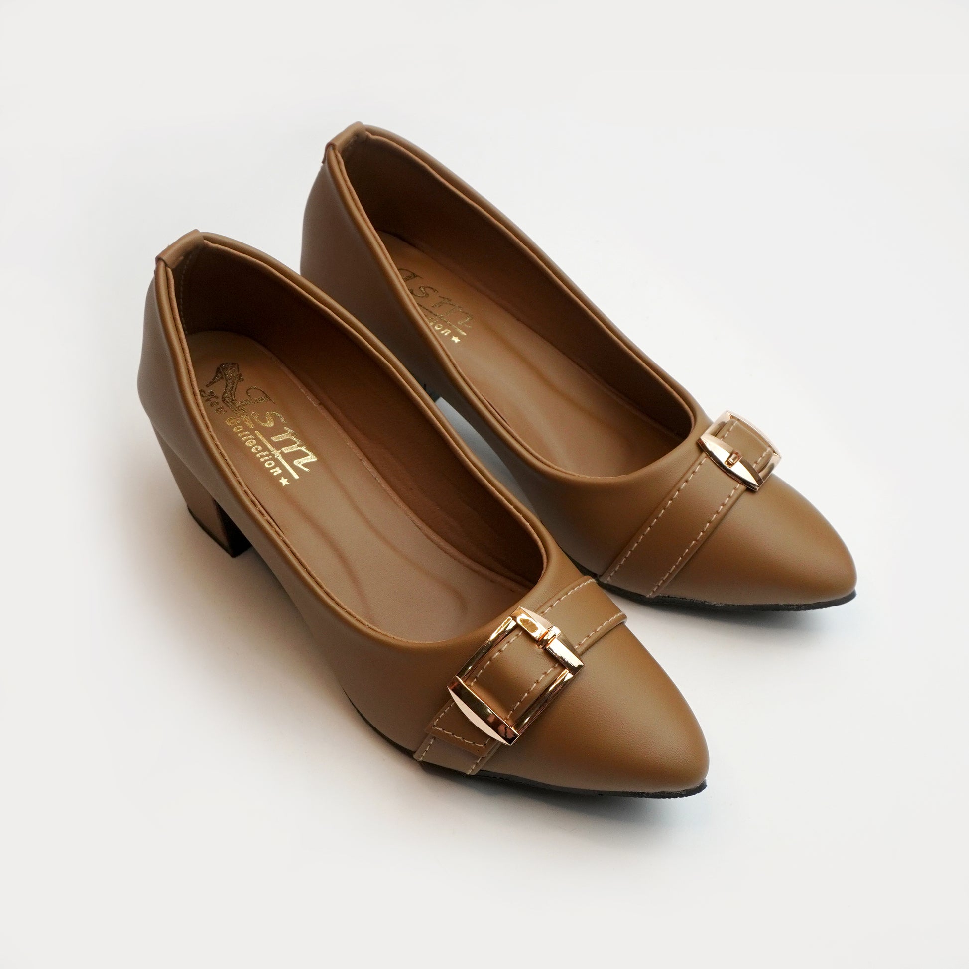 Women’s Brown block heel shoes with pointed toe and gold buckle – stylish office and formal wear footwear.