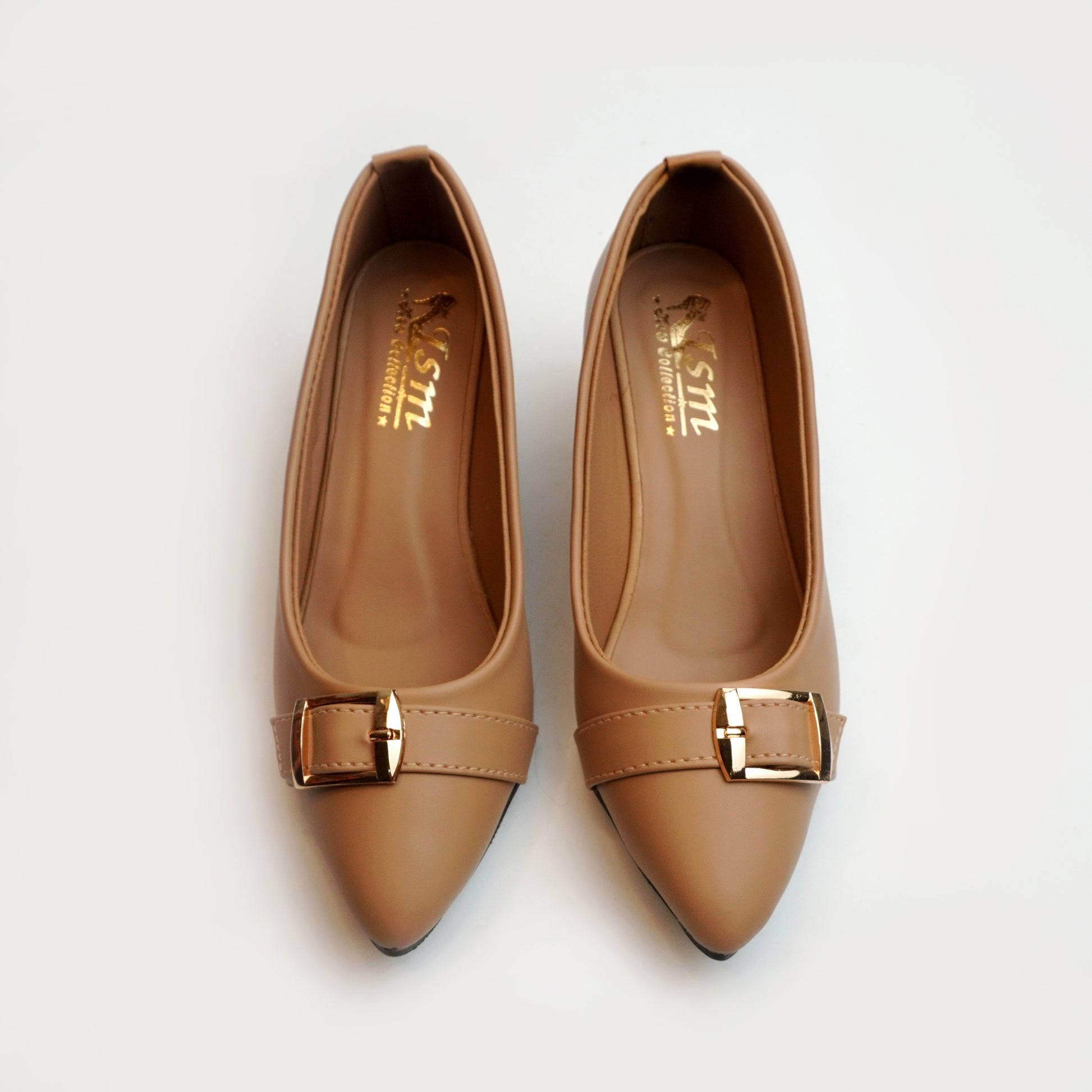 Women’s Brown block heel shoes with pointed toe and gold buckle – stylish office and formal wear footwear.