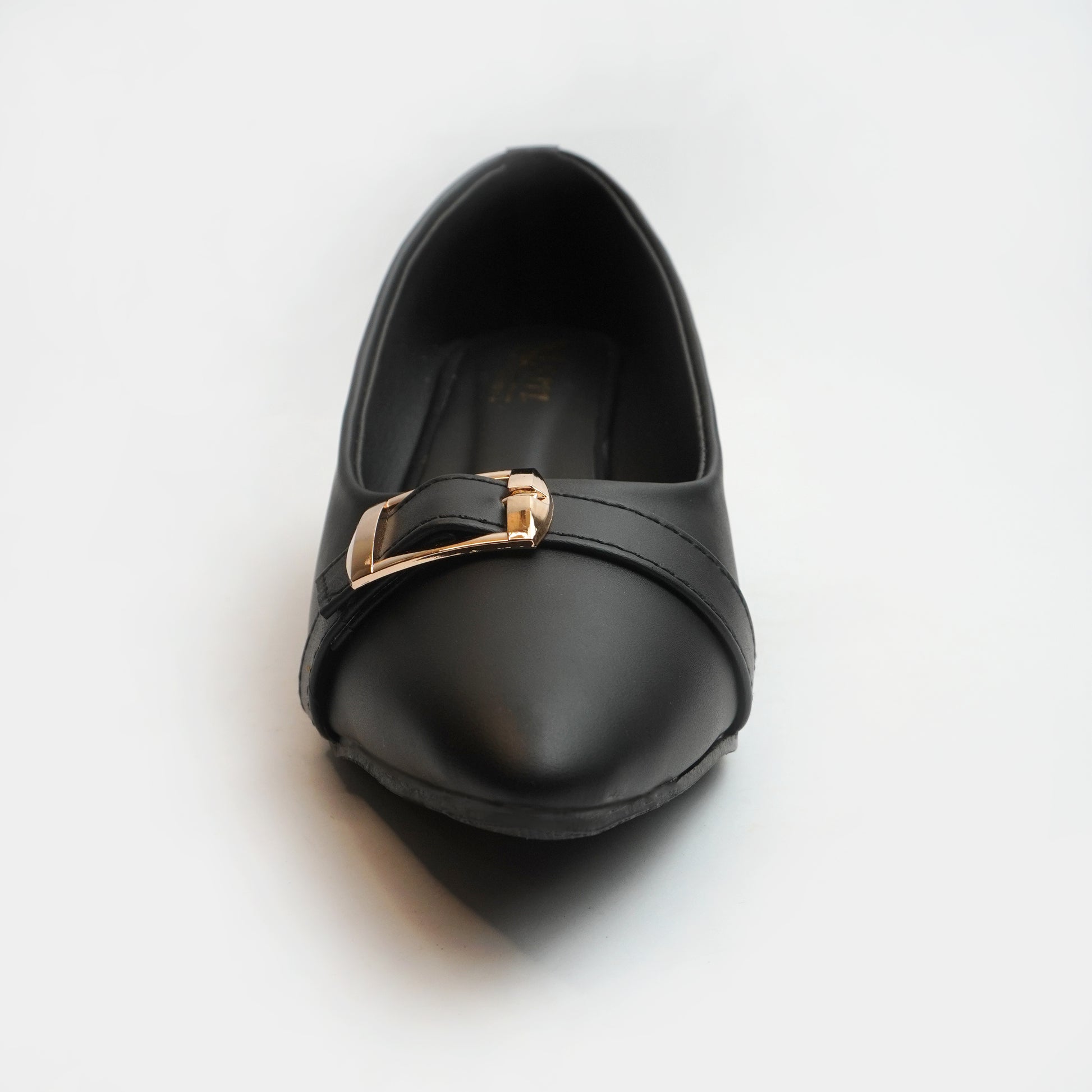 Women’s black block heel shoes with pointed toe and gold buckle – stylish office and formal wear footwear.