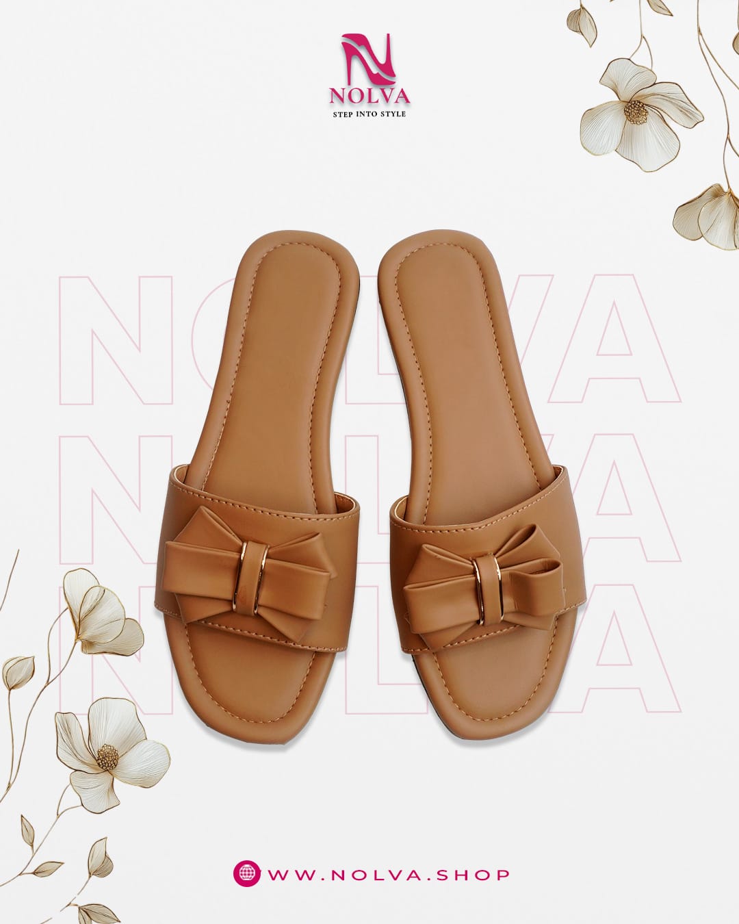 Nolva Chic Bow Flats in tan color with elegant bow detail – comfortable women’s flats for casual and office wear