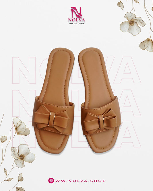 Nolva Chic Bow Flats in tan color with elegant bow detail – comfortable women’s flats for casual and office wear