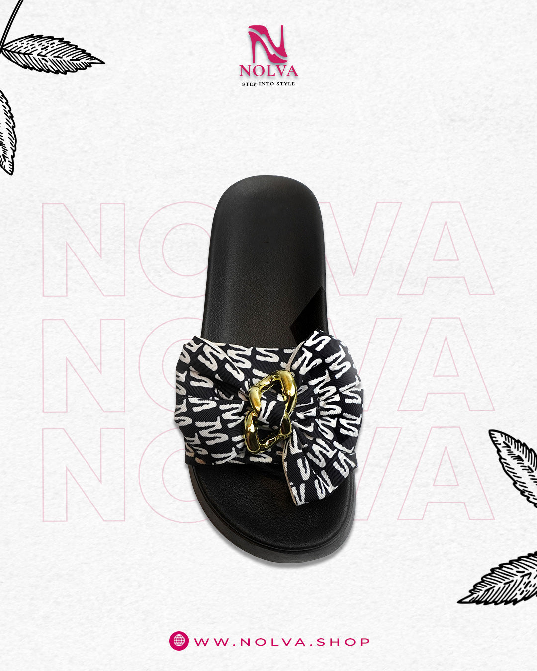 Nolva women’s black slide sandal with oversized printed bow and gold chain buckle—cushioned flat for casual wear.