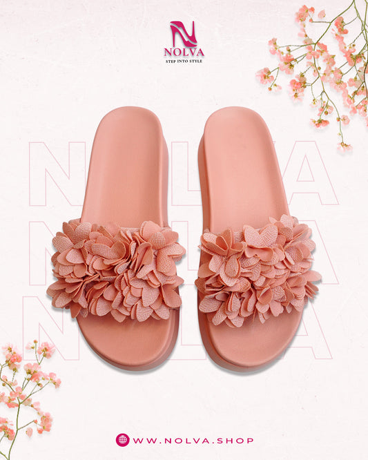 Nolva women’s peach floral slide sandals with 3D petal strap and cushioned footbed—lightweight summer flats.